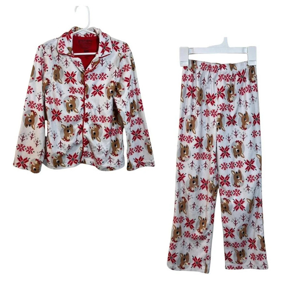 Rudolph Christmas Girls Pajama Set Small 6 Long Sleeve Button Up Soft Cozy Sleep - Picture 1 of 7